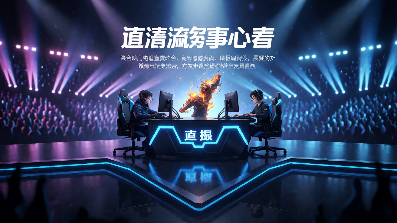 电竞比赛现场，选手在舞台中央进行激烈对战，观众席灯光璀璨